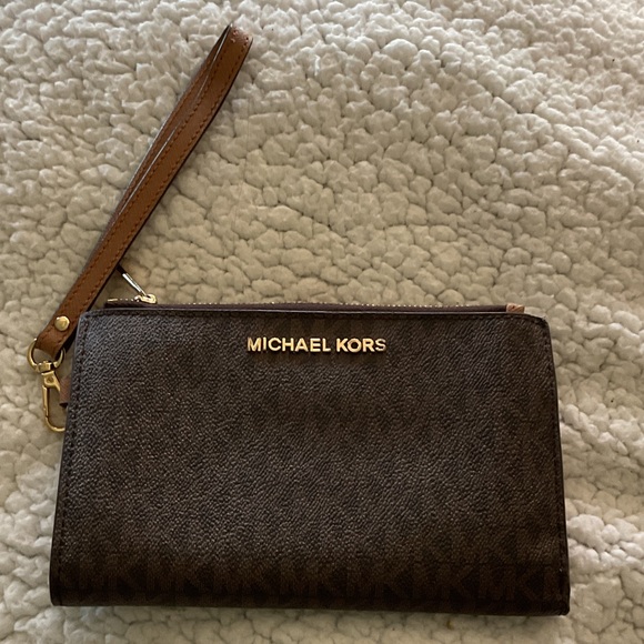 Michael Kors Handbags - Michael Kors Brown Logo Zip Wallet with Gold Hardware